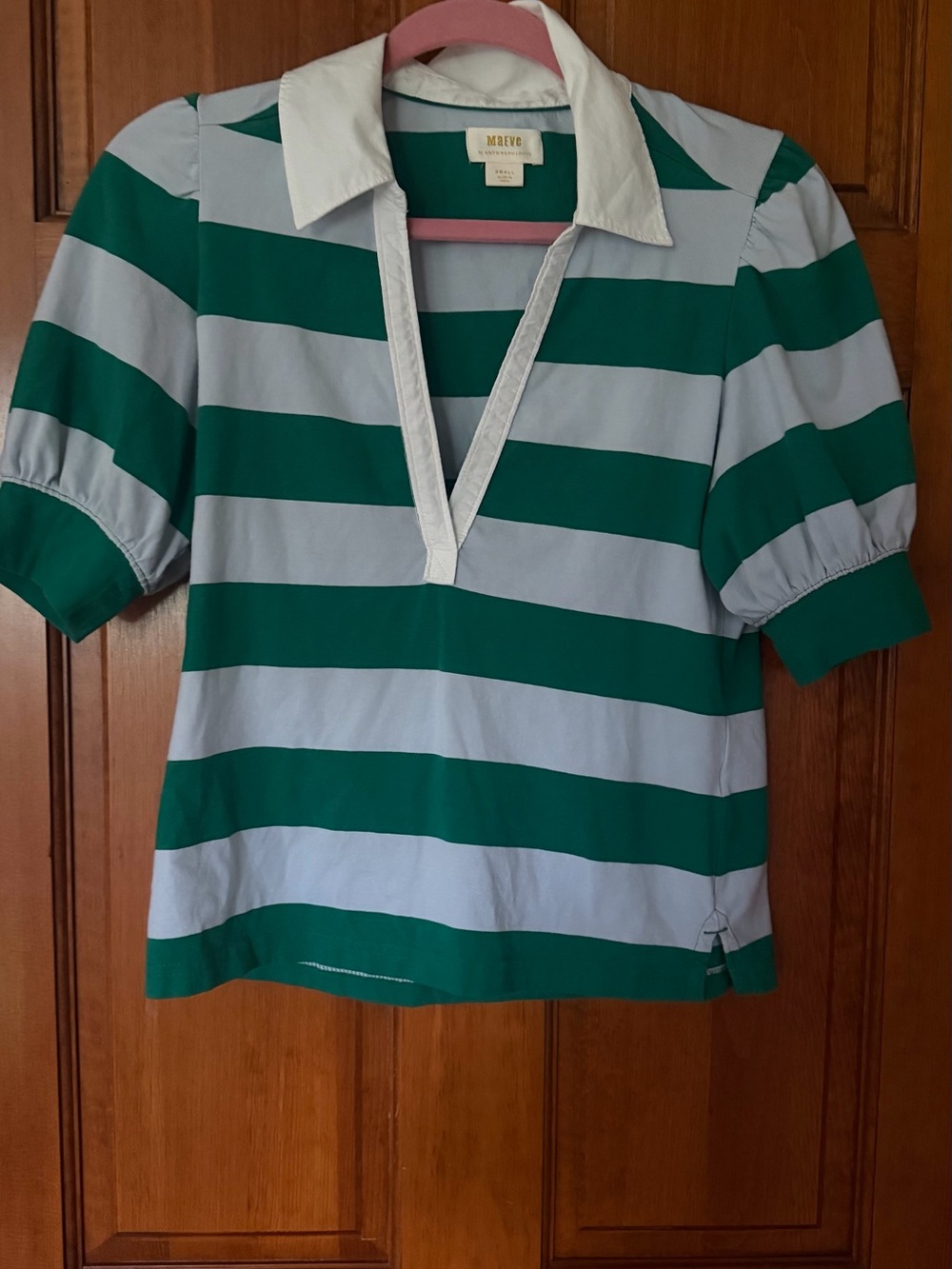 Anthropologie Green & Light Blue Striped Polo Top -